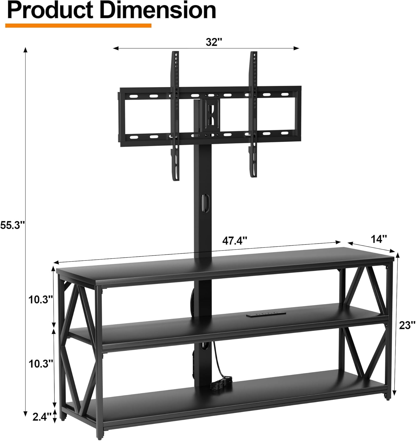 Furmax Soporte de TV con soporte y toma de corriente, soporte giratorio universal de altura ajustable para televisores de hasta 75 pulgadas, centro