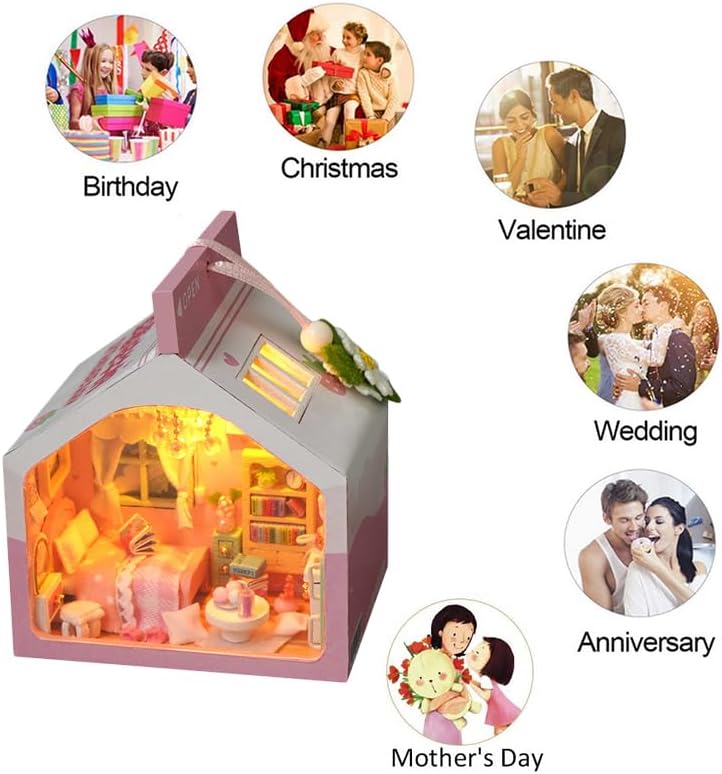 Kit de casa de muñecas en miniatura, kit de modelo de casa de muñecas de madera en miniatura con luz LED para adolescentes y adultos para construir