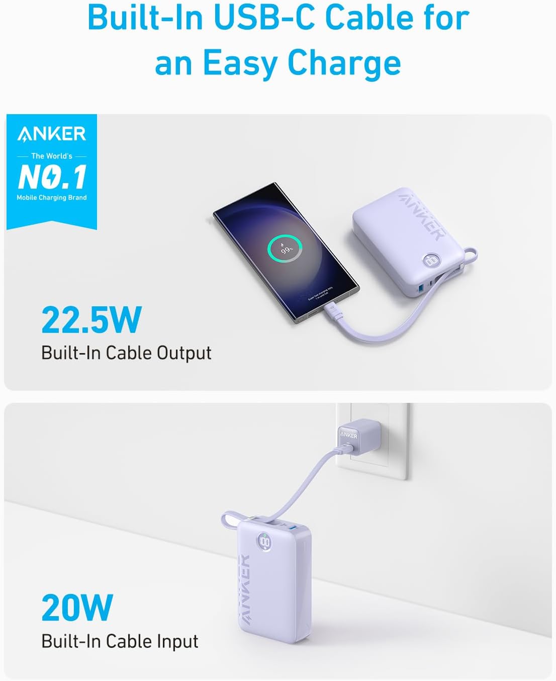Anker Paquete de batería de batería de 20,000 mAh, 22,5 W, cargador portátil de carga de alta velocidad con cable USB C integrado, 1 USB-C, 1 USB-A,