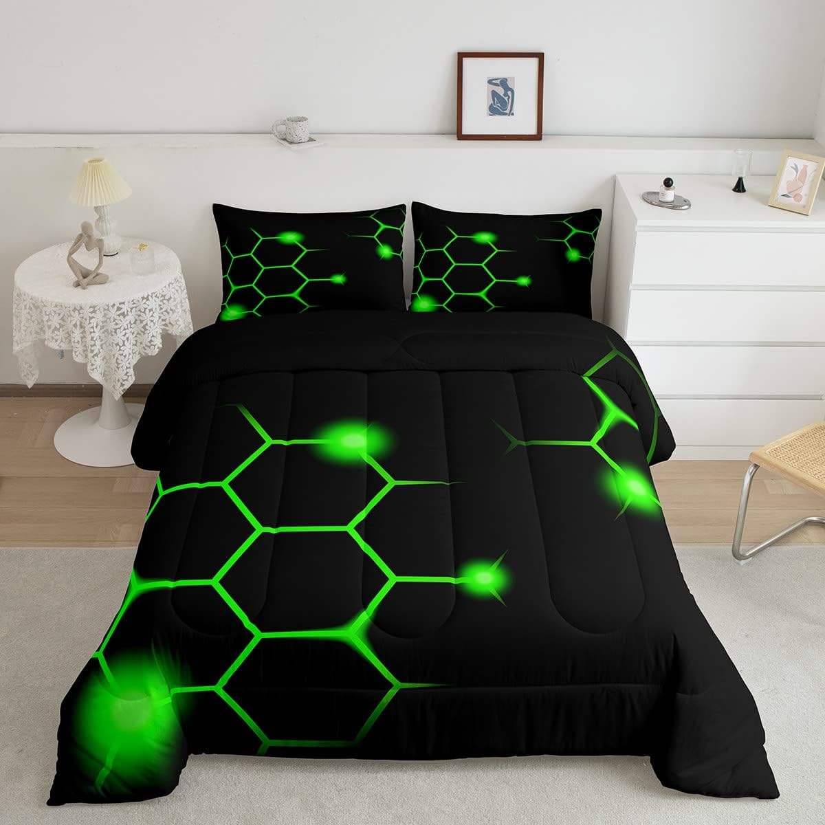 Juego de edredón hexagonal geométrico de panal para niños y adultos, color verde neón, negro, juego de edredón moderno hexagonal de colmena ultra