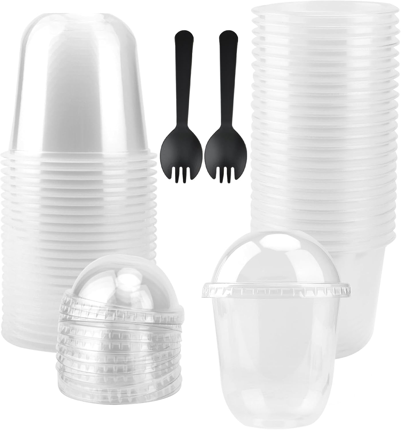 Paquete de 100 vasos de plástico transparente de 12 onzas con tapas de cúpula y tenedores, vasos desechables de postre con tapas, recipientes
