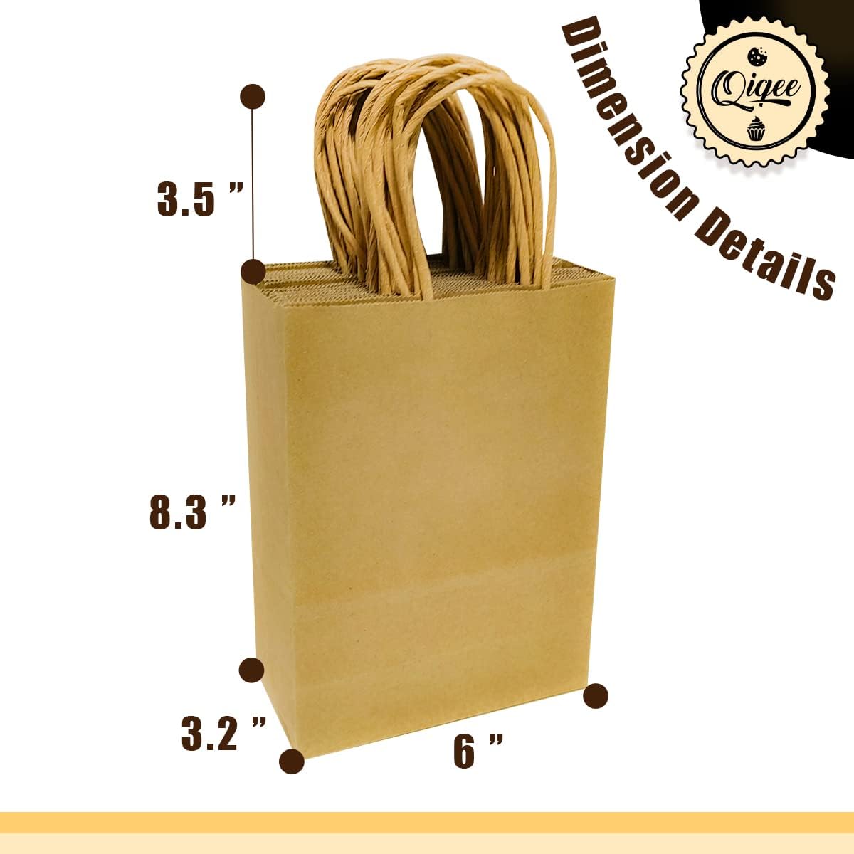 qiqee Paquete de 100 bolsas de regalo de papel marrón con asas a granel de 8.26 x 6 x 3.15 pulgadas, bolsas de regalo de tamaño pequeño para