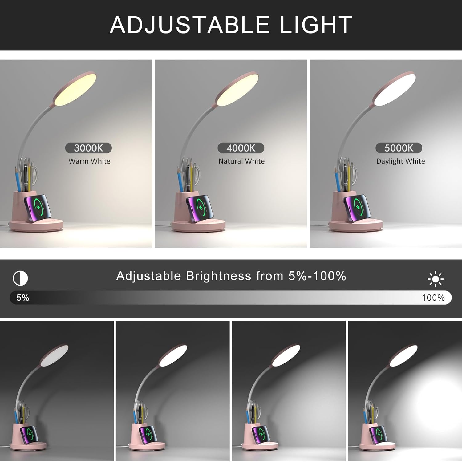 Lámpara LED de escritorio con cargador inalámbrico para oficina en casa, pequeña con soporte para bolígrafo, 800 lúmenes, 3 modos de color, cuello