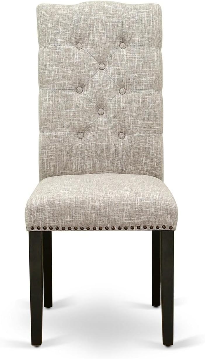 East West Furniture ELP6T35 Elsa Parson – Juego de 2 sillas acolchadas de tela de lino con ribete de clavos y botones copetudos, color negro