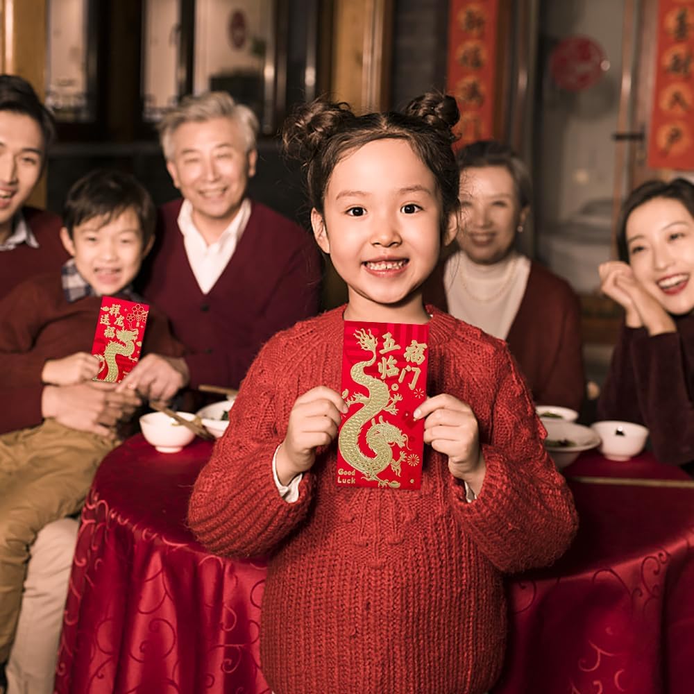 Hying 36 sobres chinos rojos chinos HongBao para tarjetas 2024, año nuevo chino, dragón, dinero de la suerte, bolsillos rojos para festival de
