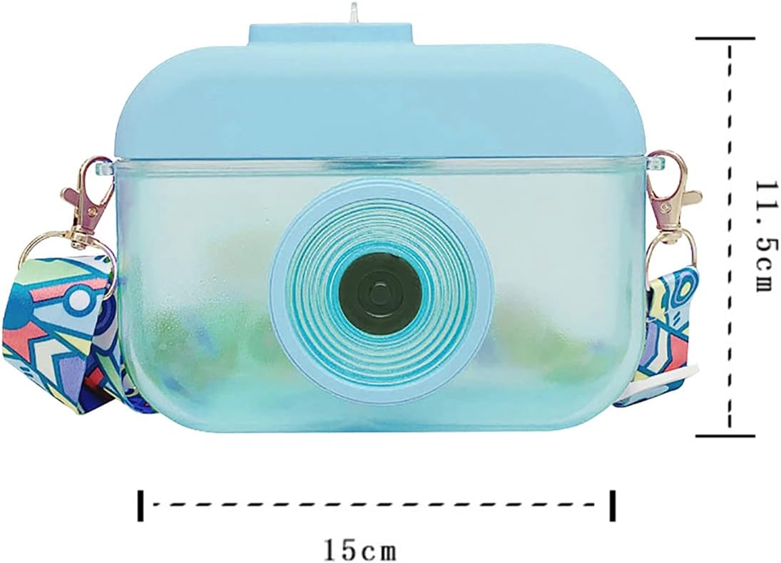 Botella de agua Kawaii con pajilla, botella de agua linda de 13.5 fl oz, sin BPA, botella de agua con forma de cámara con correa ajustable para el