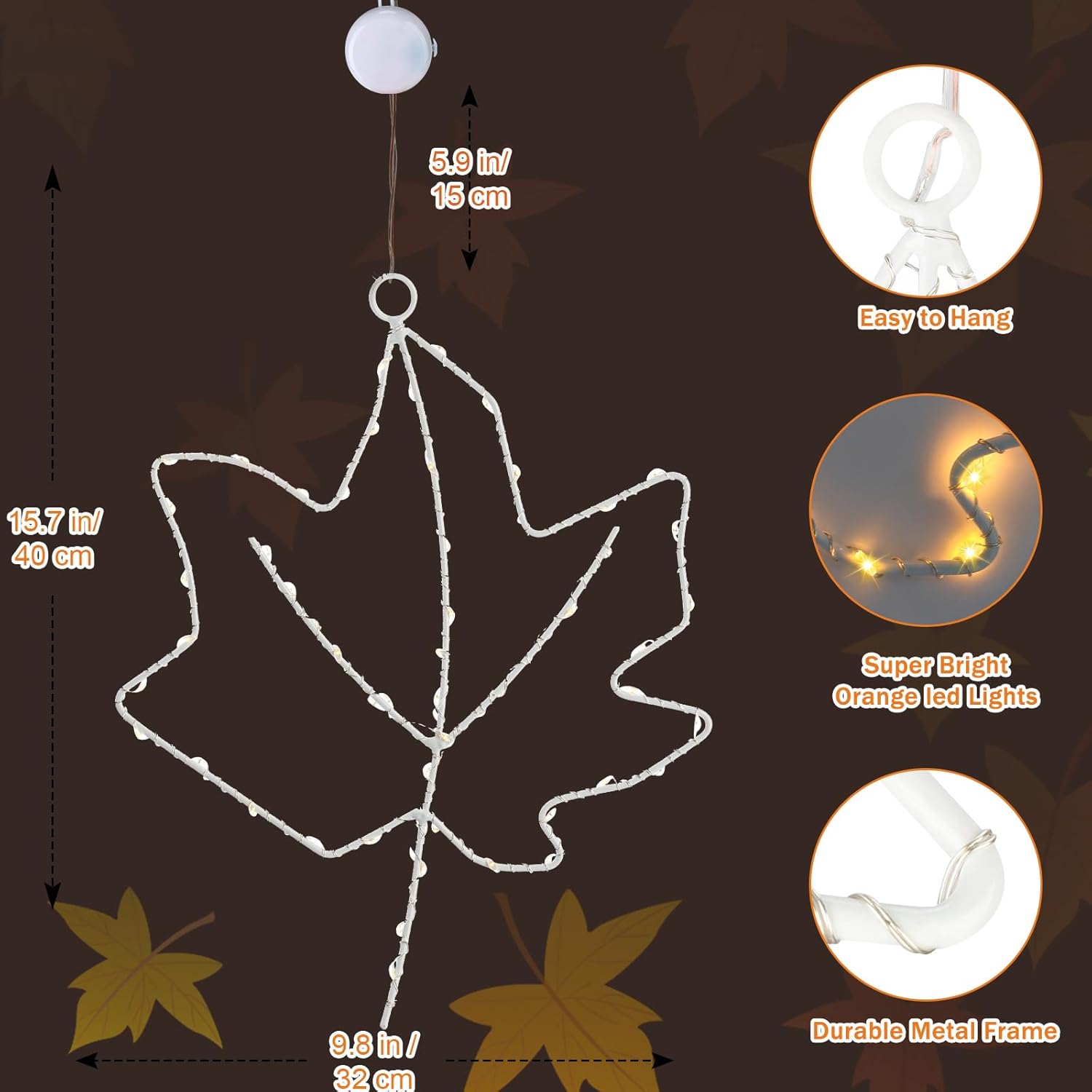 3 piezas de decoración de ventana de otoño, luces de hoja de arce, luces de ventana de Acción de Gracias a pilas con temporizador, marco de metal