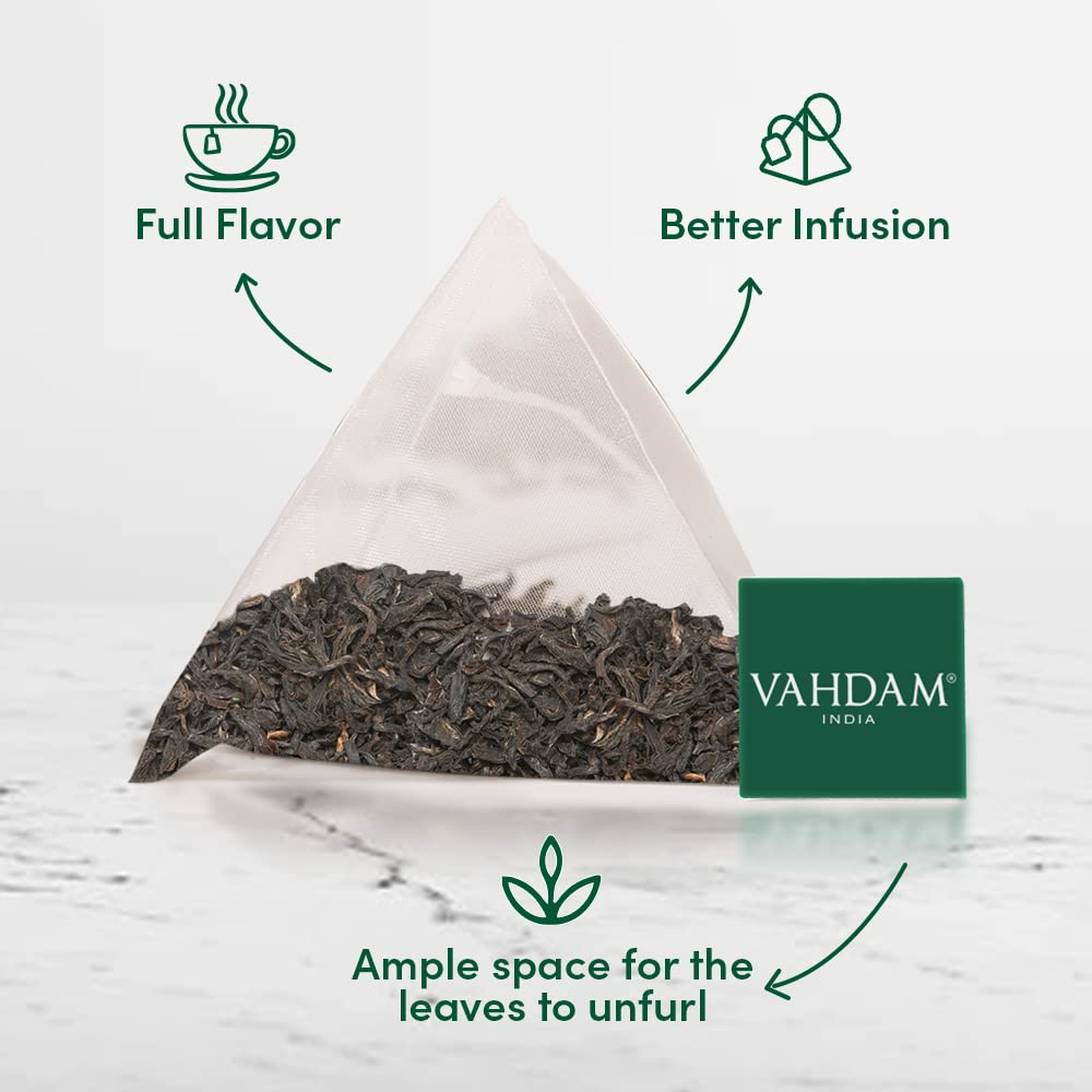 VAHDAM – Bolsas de té negro Earl Grey (100 unidades) con alto contenido de cafeína, sin OMG, sin gluten, hojas de té sueltas enteras con aceite de