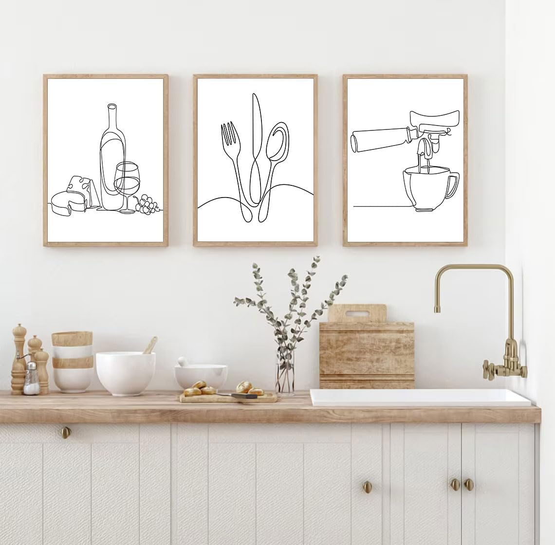 3 piezas de arte de pared de dibujo en línea, moderno, blanco y negro, minimalista, cocina, arte abstracto, impresiones artísticas de comedor,