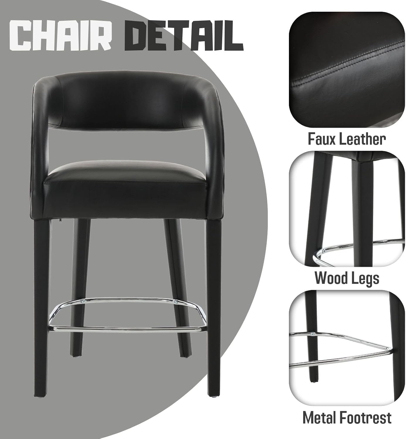 Juego de 2 taburetes de cuero negro para mostrador de barril, sillas de bar de madera de 26 pulgadas con respaldo tapizado para isla de cocina