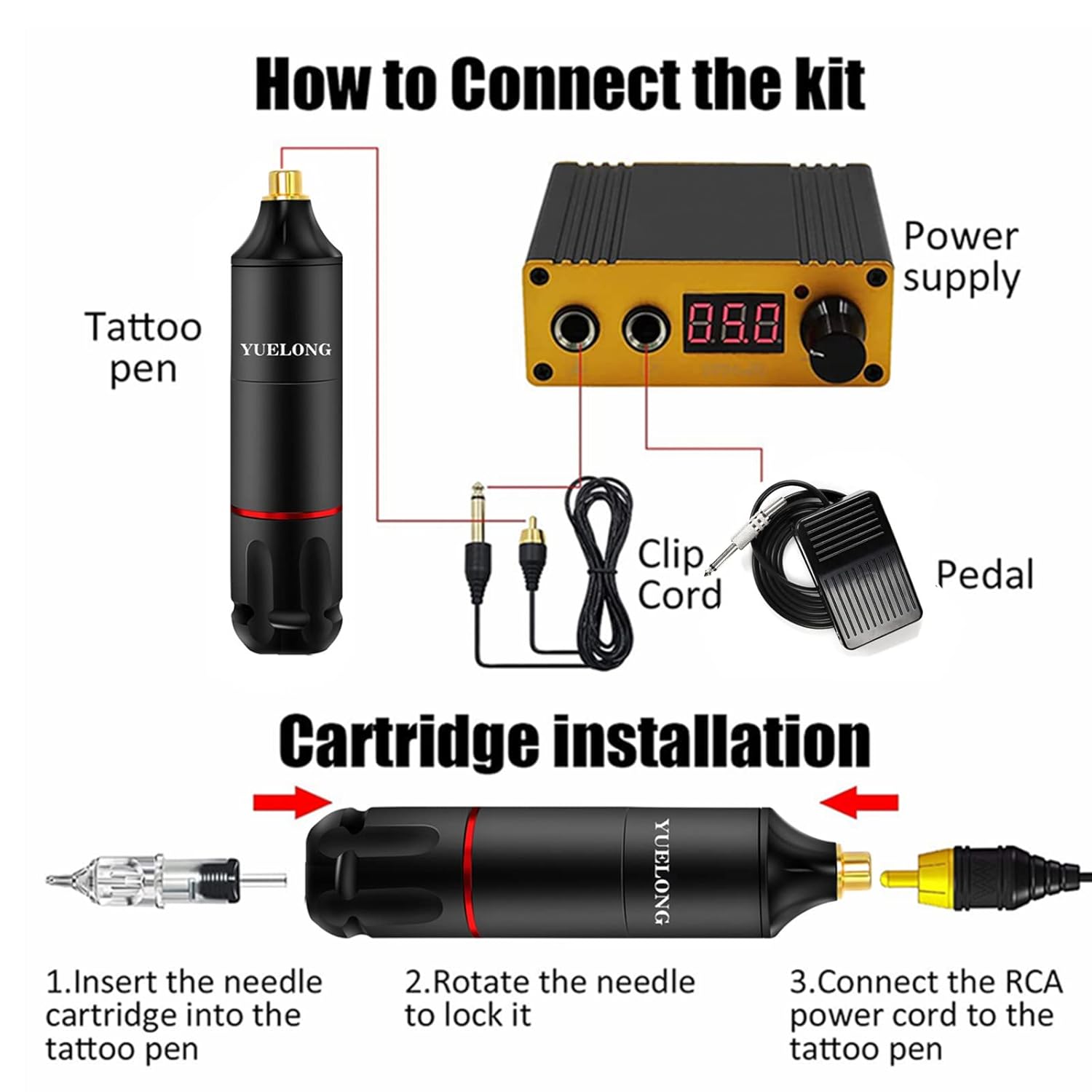 Yuelong Kit de máquina de tatuaje, kit profesional de máquina rotativa de tatuaje con fuente de alimentación, 40 piezas, cartuchos de tatuaje,