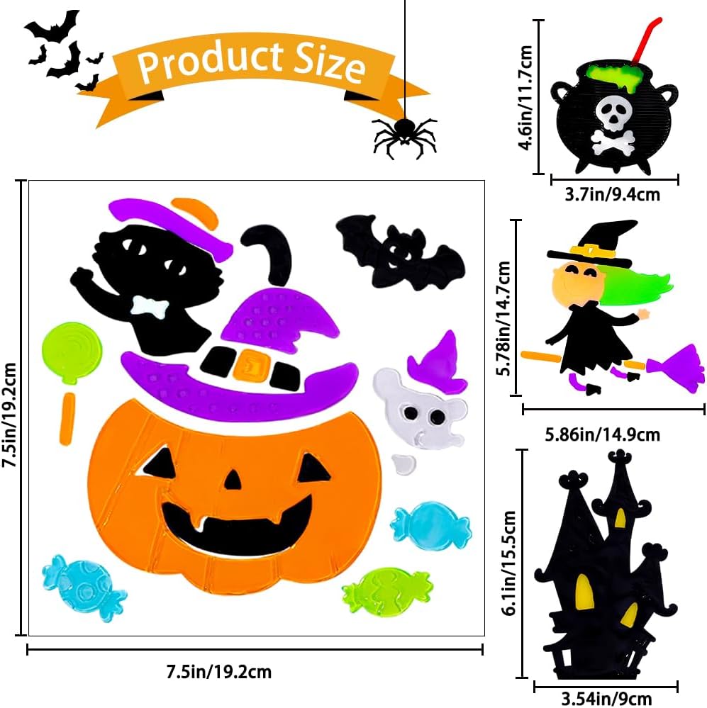JOICEE Calcomanías gruesas de gel para Halloween para niños, lindas calabazas, brujas, murciélagos, gatos negros, calcomanías para decoración de