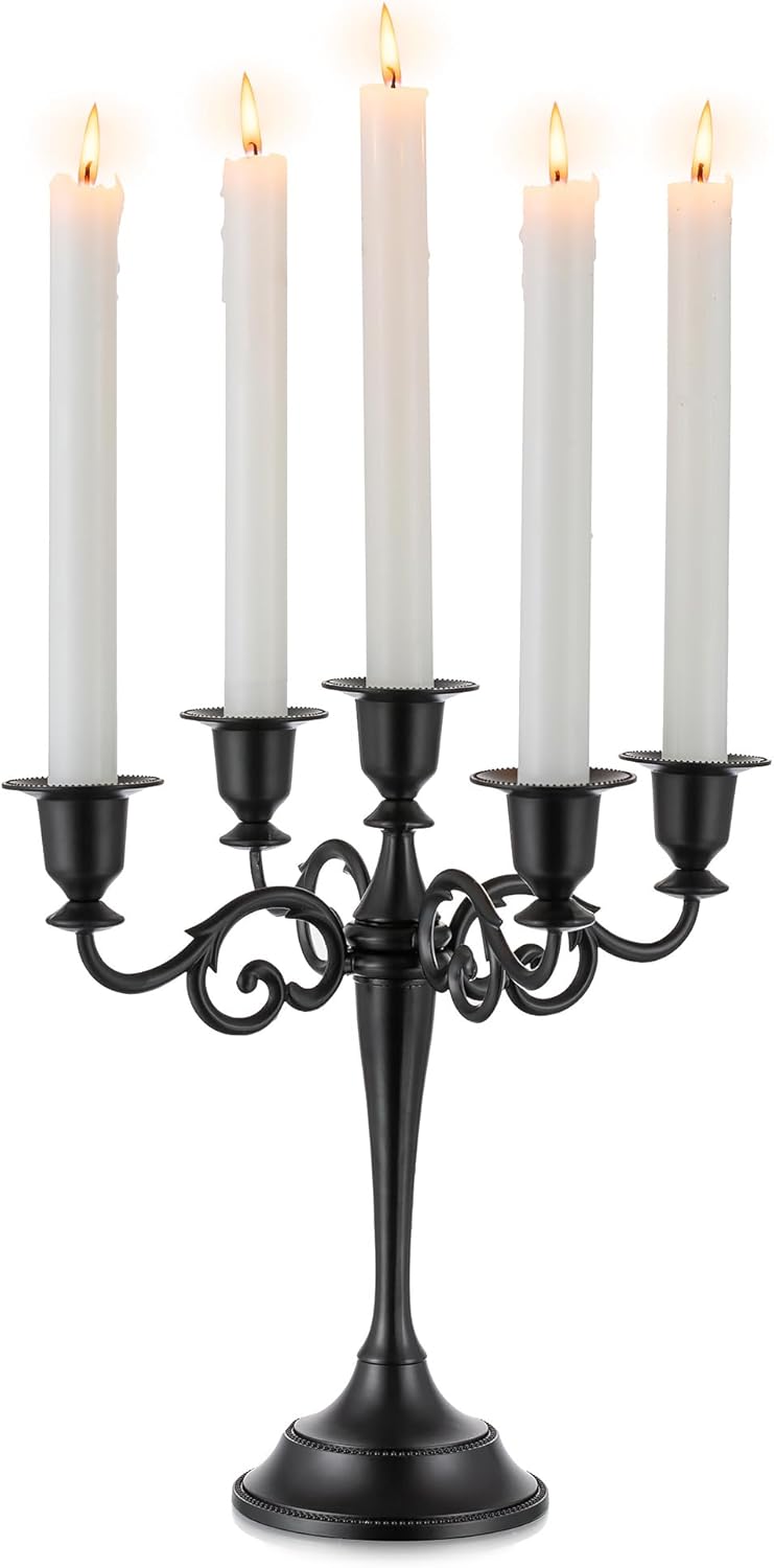 Sziqiqi Candelabro de Halloween – Portavelas de 5 brazos, soportes para velas cónicas para velas cónicas a la luz de las velas, cena, fiesta, boda,