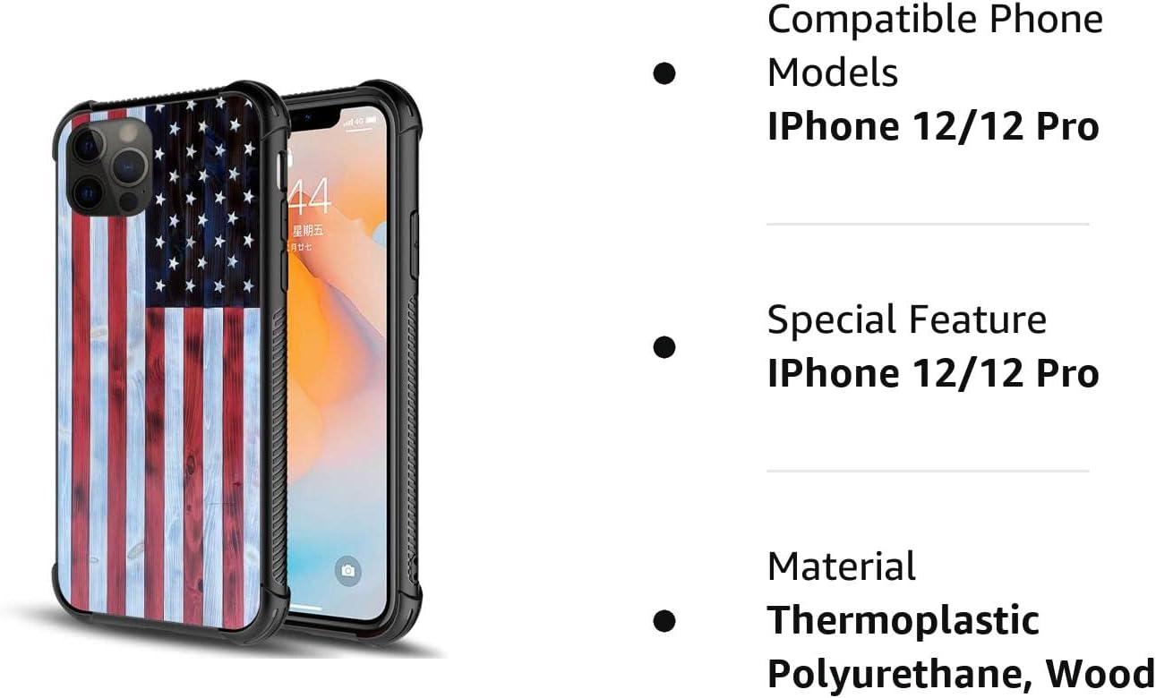 DAIZAG Funda compatible con iPhone 12, diseño de bandera estadounidense de grano de madera roja y blanca para iPhone 12 Pro, fundas para hombre y