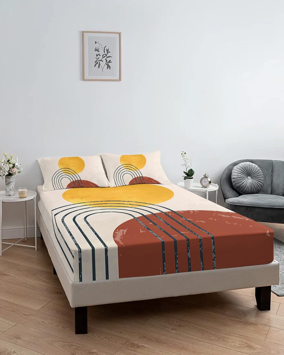 Juego de sábanas bajeras para cama de tamaño Queen, sábanas de mediados de siglo, 3 piezas, color terracota, con líneas curvas, arco solar, bolsillo