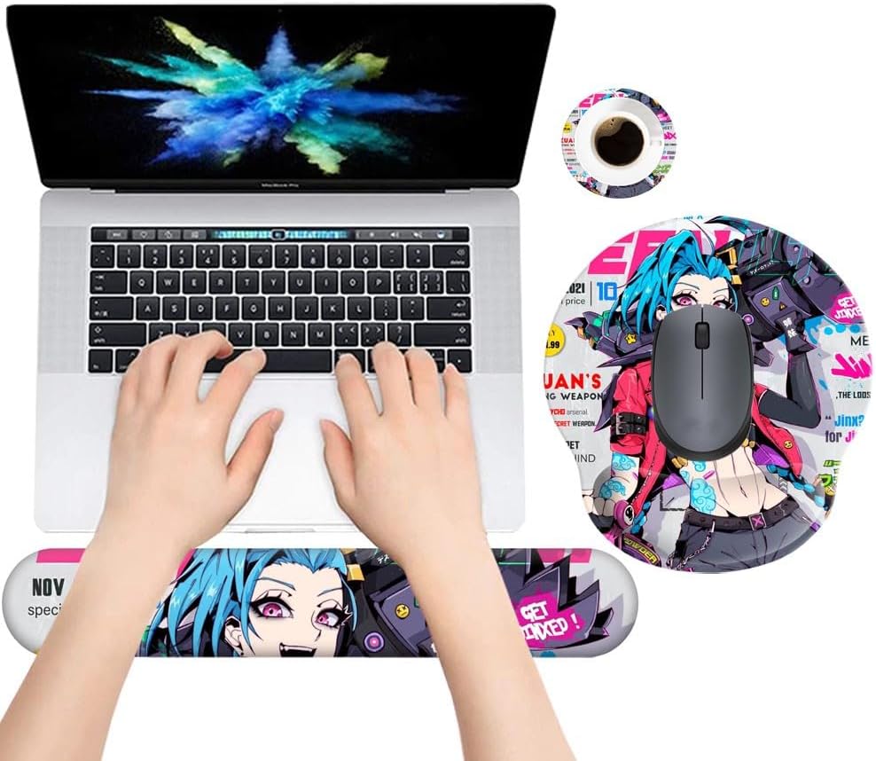 Alfombrilla de mouse de anime con reposamuñecas, teclado y reposamuñecas, juego de almohadillas con posavasos, accesorios de escritorio, alfombrilla
