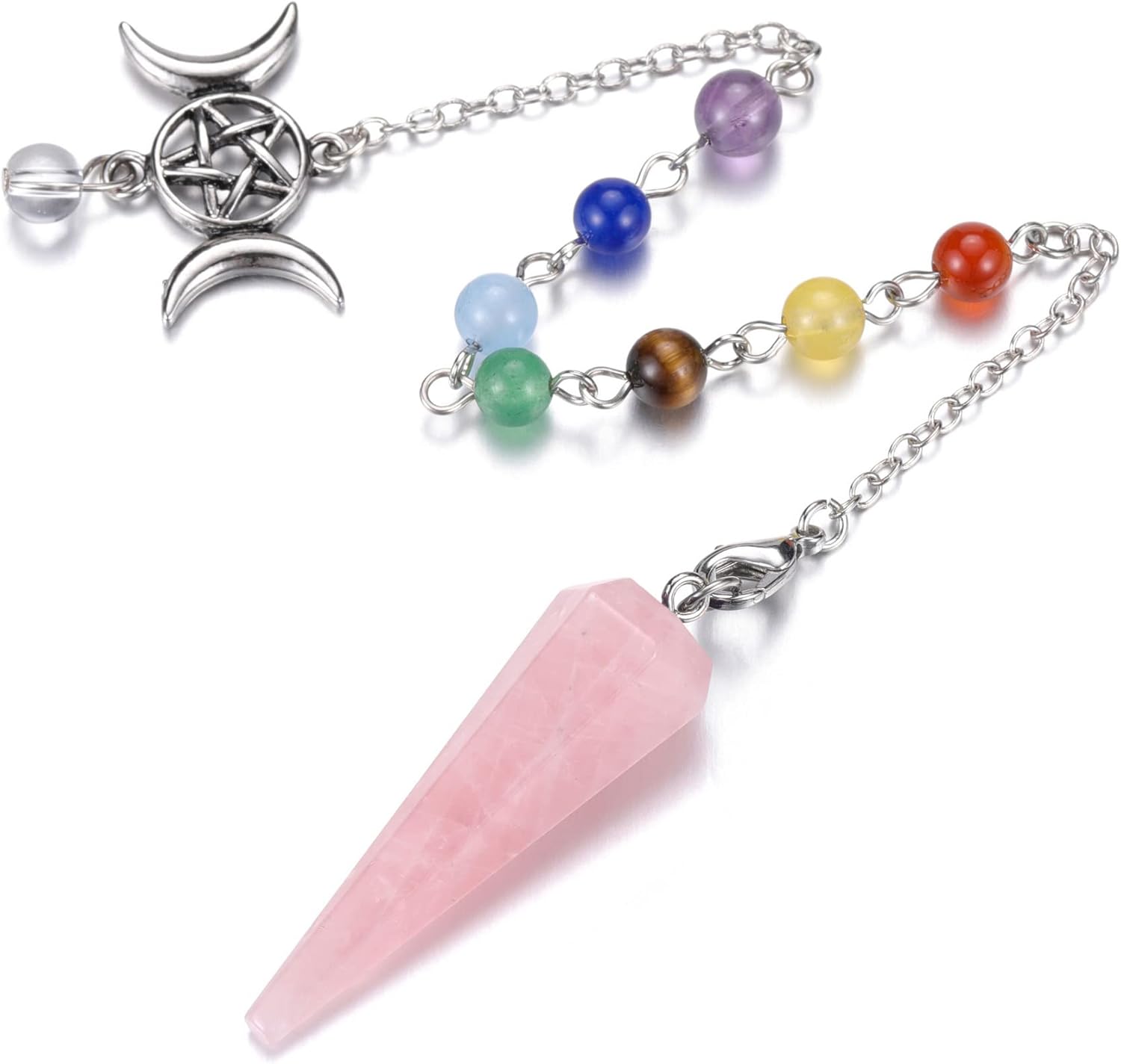 CrystaTears – Péndulo de cristal curativo de cuarzo rosa para adivinación, piedra de cristal hexagonal natural para chakras, péndulo de cuarzo,