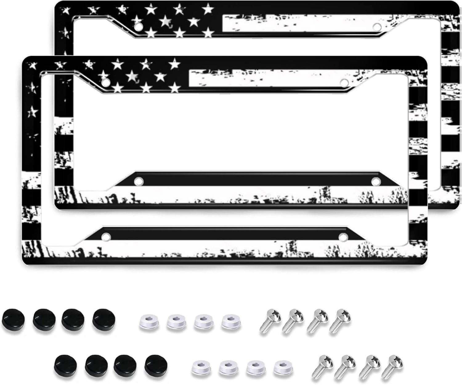 Marcos de matrícula con bandera estadounidense, diseño patriótico retro de Estados Unidos, diseño de estrellas y rayas negras y blancas, cubierta de
