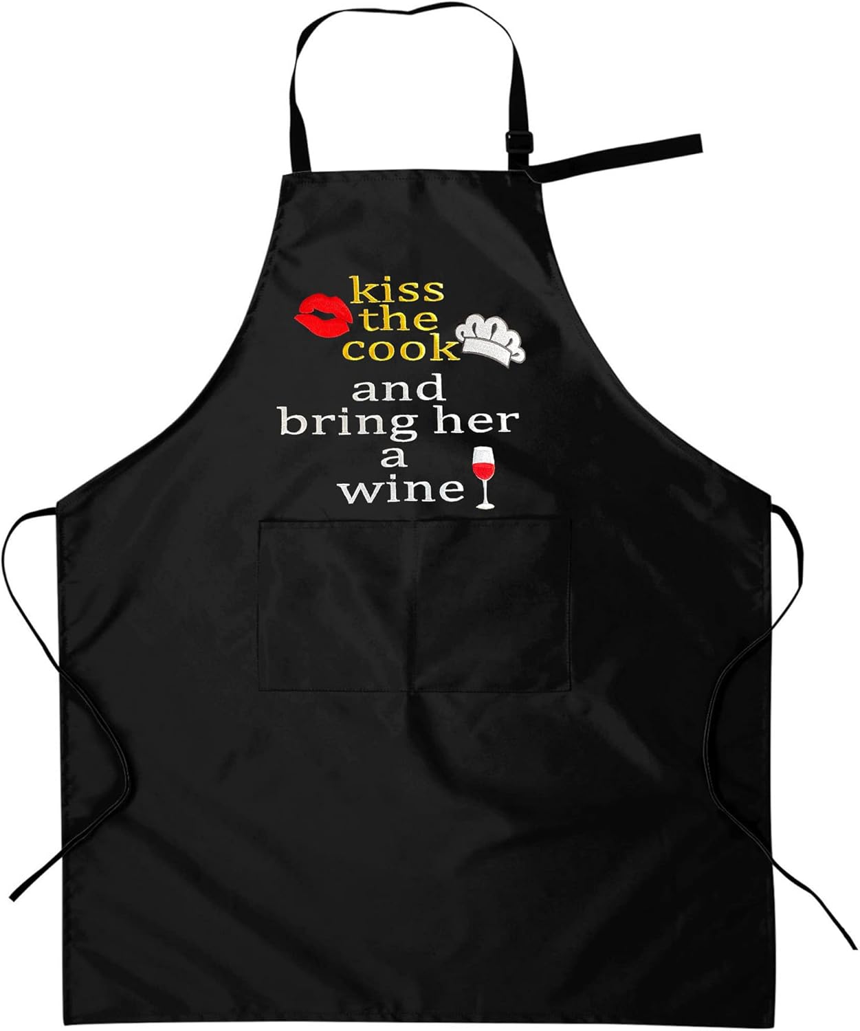 Divertido delantal para mujer con bolsillos – Kiss The Cook And Bring Her (tejido bordado, talla única), Negro –