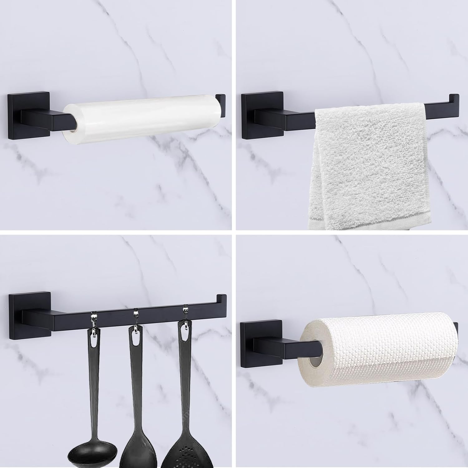 Toallero de mano negro mate, 2 piezas, anillo de toalla de baño, toallero de baño, toallero cuadrado de acero inoxidable montado en la pared,