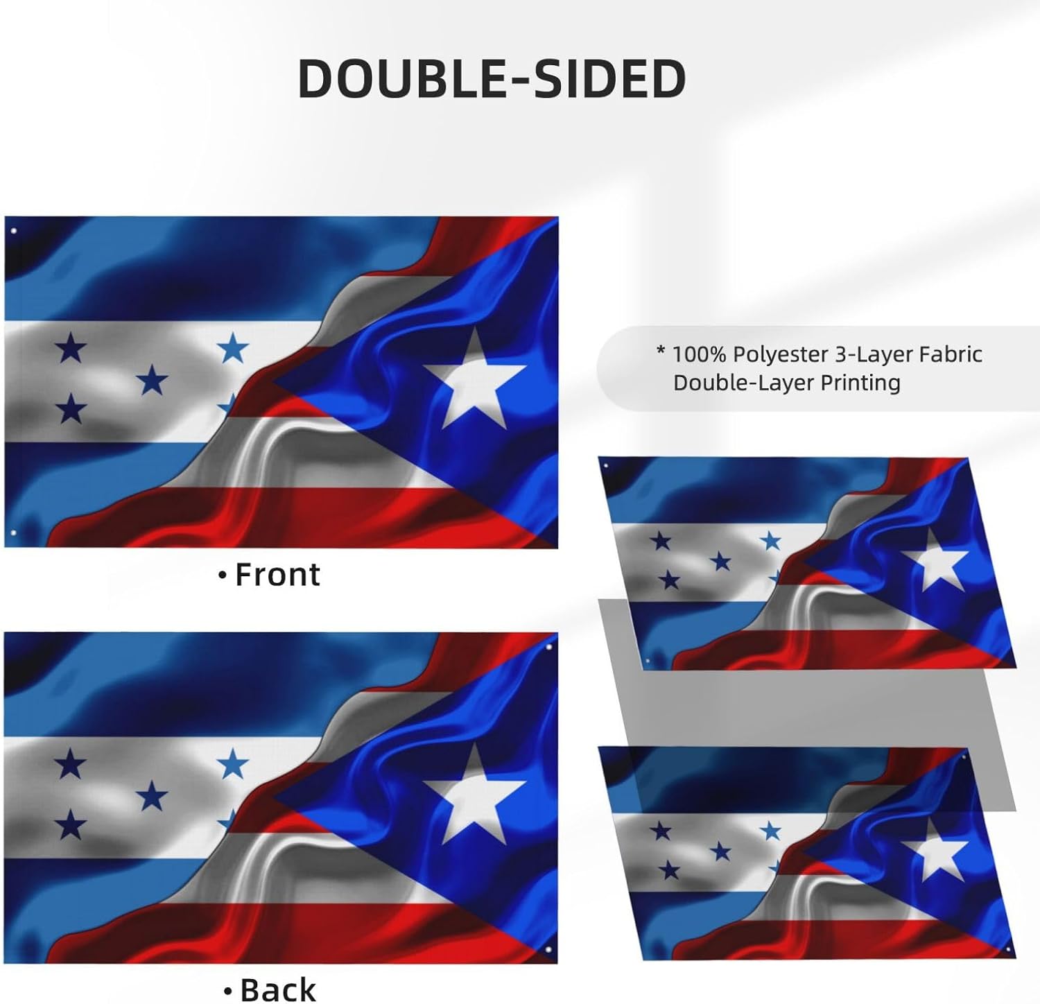 Banderas de bandera puertorriqueña de Honduras y Puerto Rico para exteriores de 3 x 5 pies, tres capas de tela para coser a doble cara, impresión de