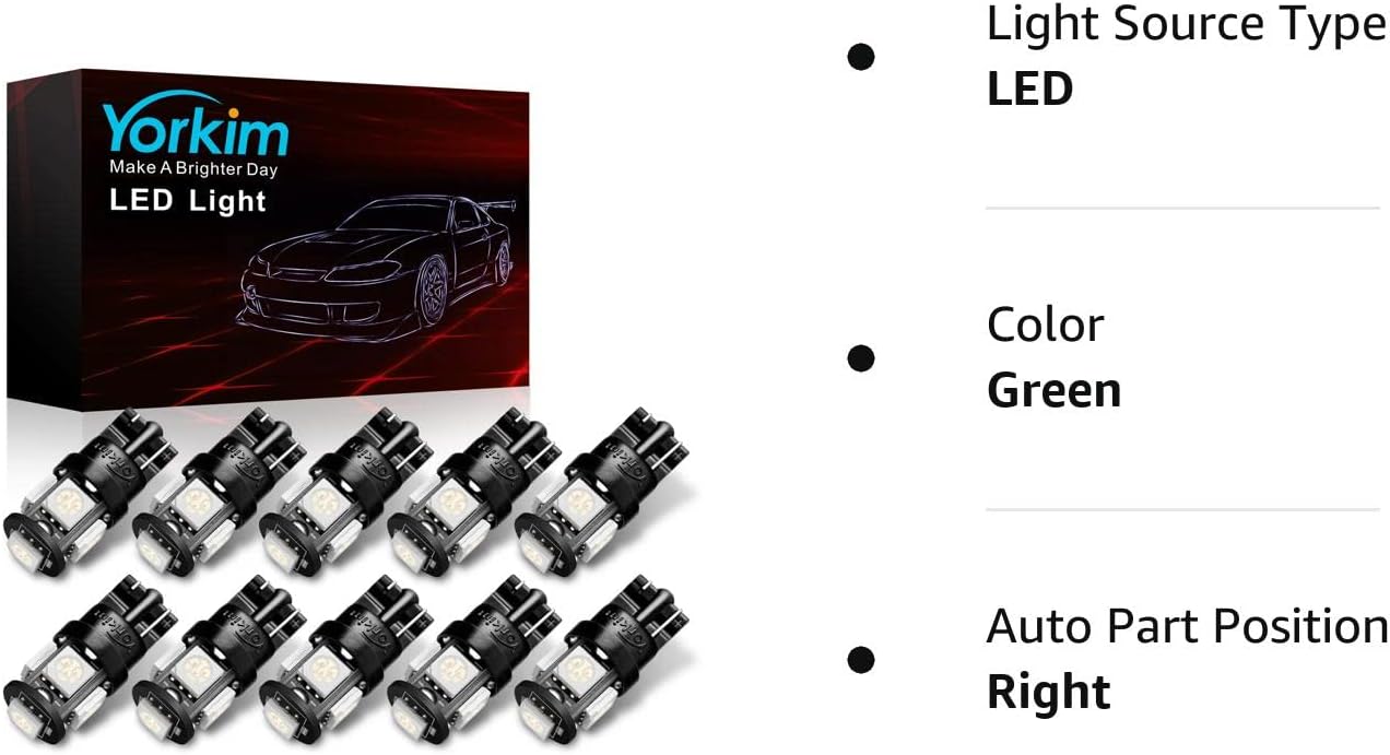 Yorkim – 194 bombillas led T10 de 6000 K, color blanco superbrillante, bombillas para luz de matrícula y luz lateral de automóvil