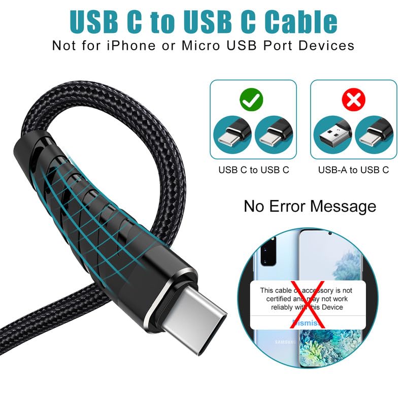 Cable USB C a USB C de 60 W, paquete de 2 cables de carga USB C de 10 pies, cable de carga rápida USB-C trenzado para iPhone