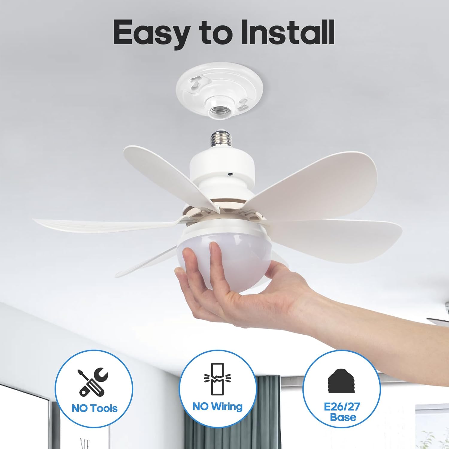Ventilador de enchufe con control remoto, mini ventilador de techo sin aspas con luz regulable para garaje, lavandería, cocina, habitación,
