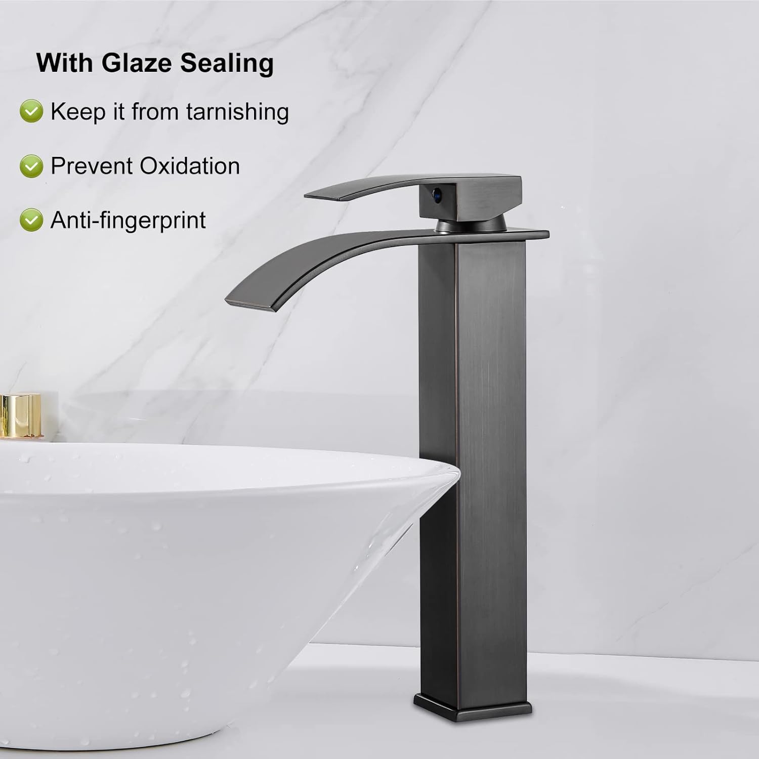Midanya Grifo alto de bronce aceitado con cascada para lavabo de baño, grifo alto de una sola manija, montaje en cubierta de 1 agujero con boquilla