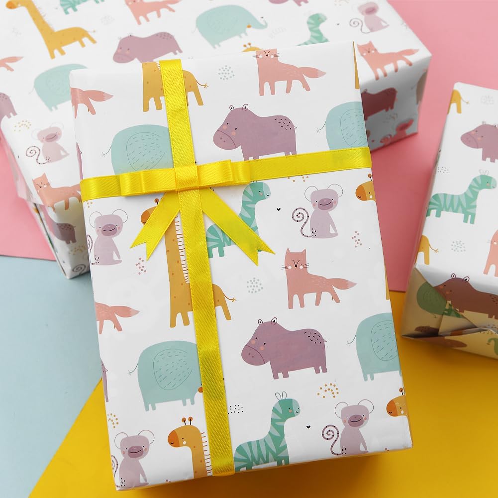 Papel de regalo de cumpleaños para niños, niñas, niños, diseño de animales de dibujos animados, papel de regalo para cumpleaños, baby shower, 4
