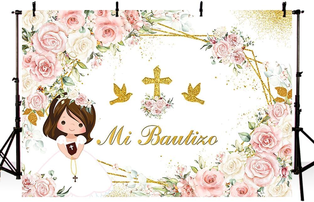 MEHOFOND Telón de fondo bohemio de 8 x 6 pies para bautizo con texto en inglés Mi Bautizo y Dios bendiga para la primera comunión, decoración de