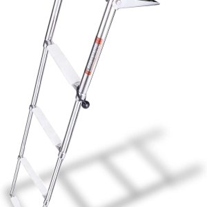YOUNG MARINE Escalera telescópica y plegable de acero inoxidable de 4 escalones con estribo de plástico blanco, montaje sobre plataforma YOUNG MARINE Escalera telescópica y plegable de acero inoxidable de 4 escalones con estribo de plástico blanco, montaje sobre plataforma