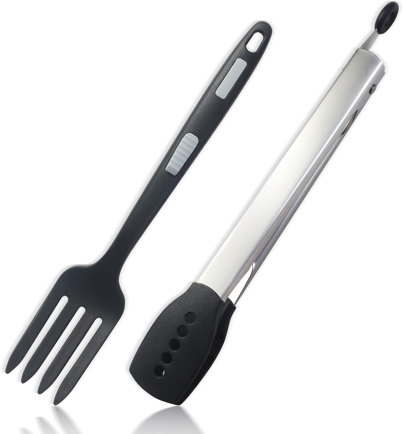 Juego de 2 tenedores de silicona, pinzas de acero inoxidable para cocinar con puntas de silicona de 10 pulgadas, tenedor de pasta negro y pinzas
