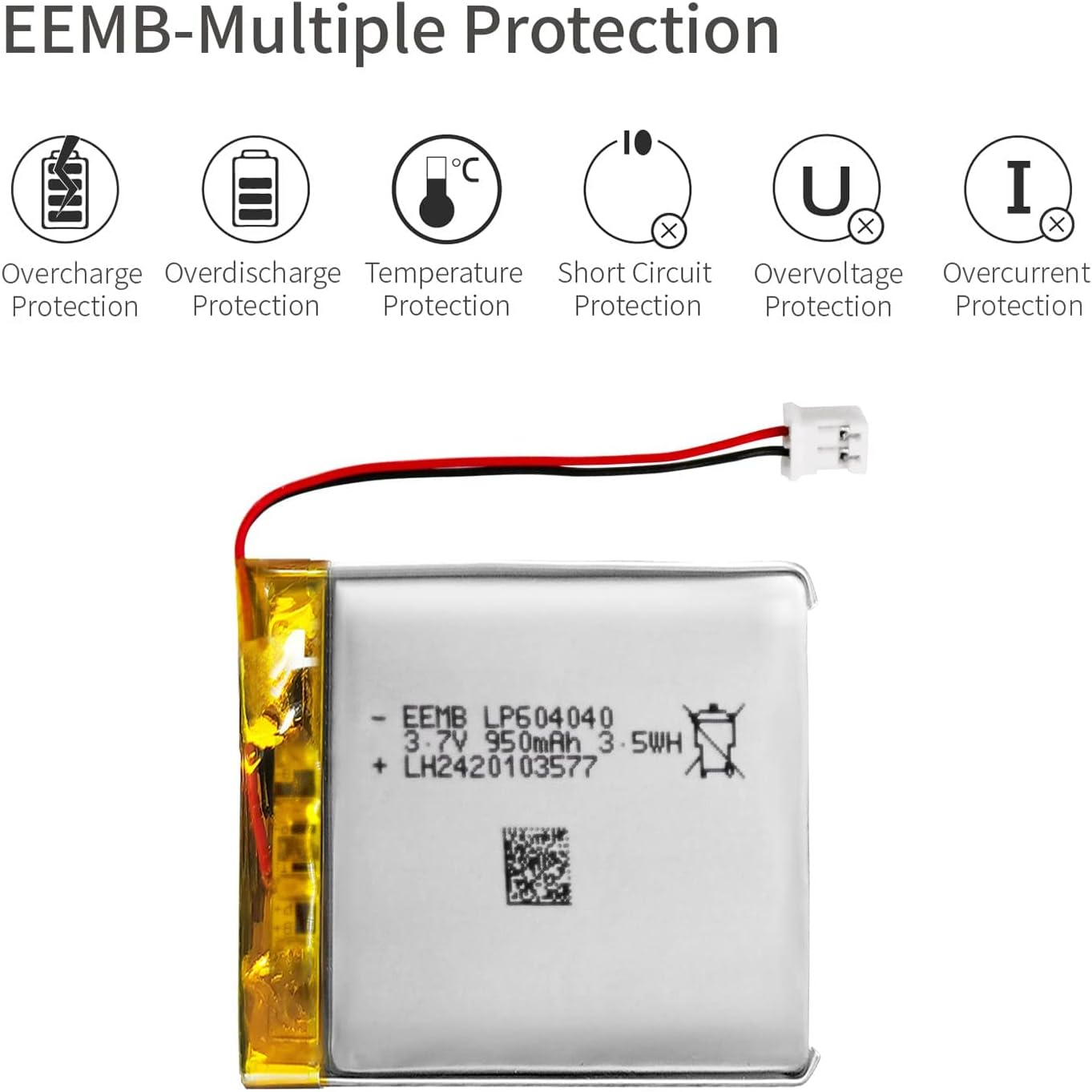 EEMB Batería de polímero de litio 3.7V 950mAh 604040 Lipo Batería recargable con conector JST de cable para altavoz y dispositivo inalámbrico