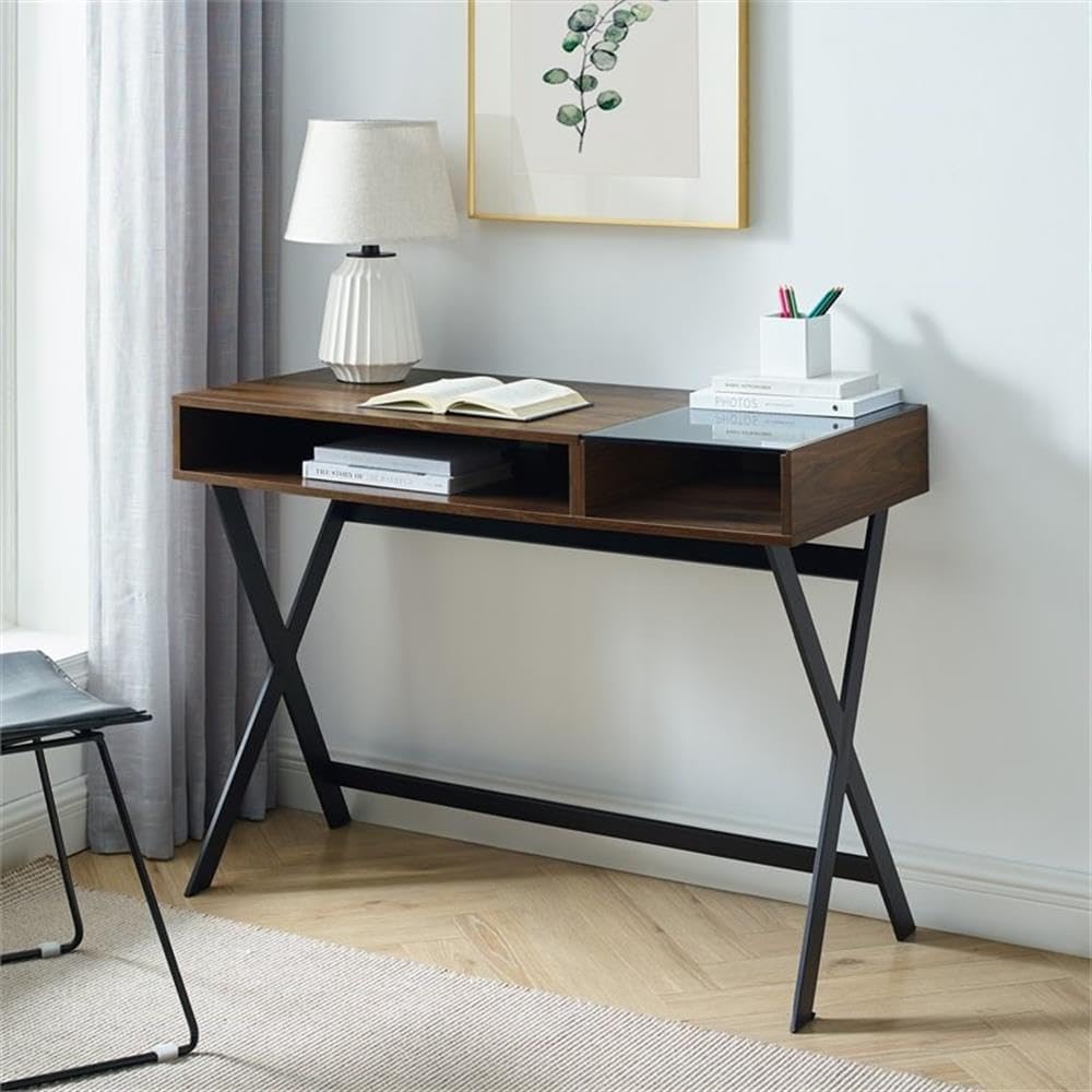 Walker Edison Drew – Escritorio industrial moderno con patas en X de metal, 42 pulgadas, nogal oscuro