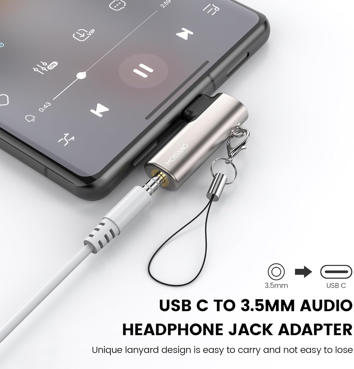 MOSWAG Adaptador de auriculares USB C a conector tipo C de 0.138 in, micrófono auxiliar en ángulo derecho, dongle de audio de aleación de zinc,