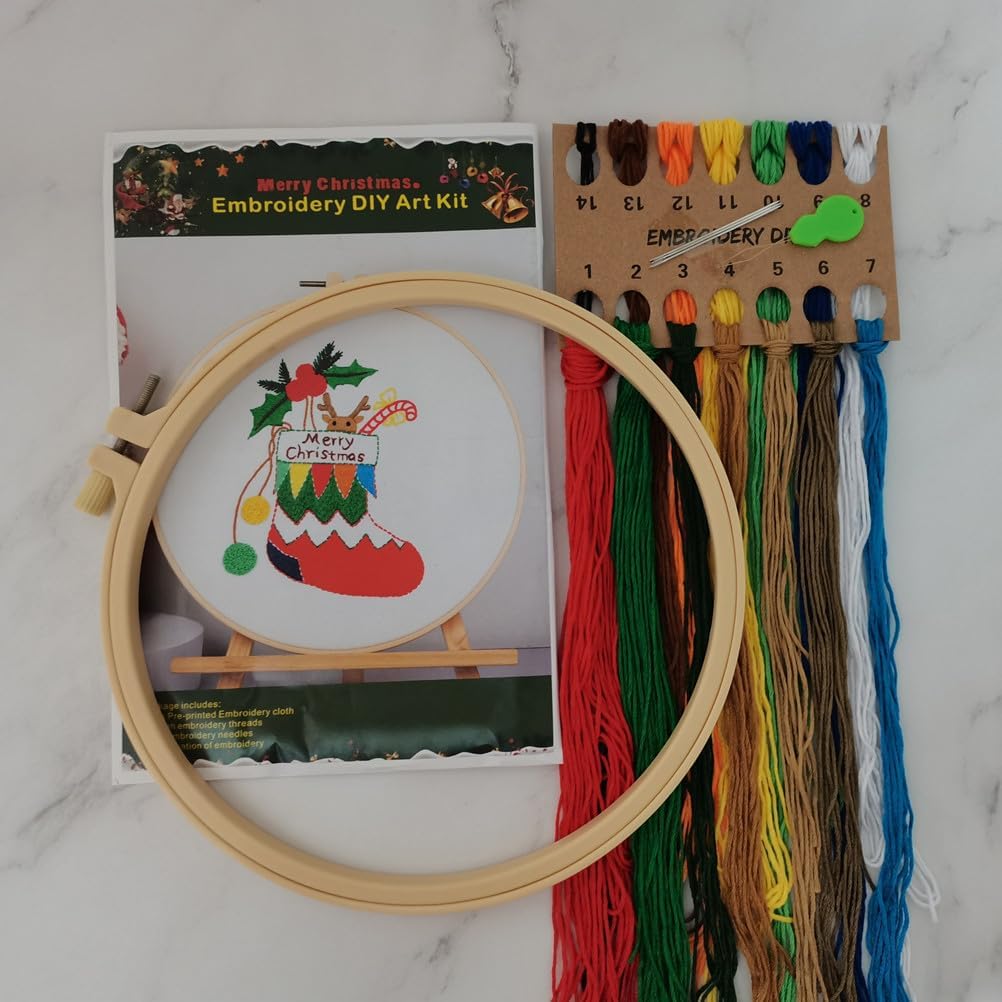 Esffaci Kit de iniciación de bordado para adultos principiantes con patrón de calcetín de Navidad estampado de punto de cruz con tela de bordado,