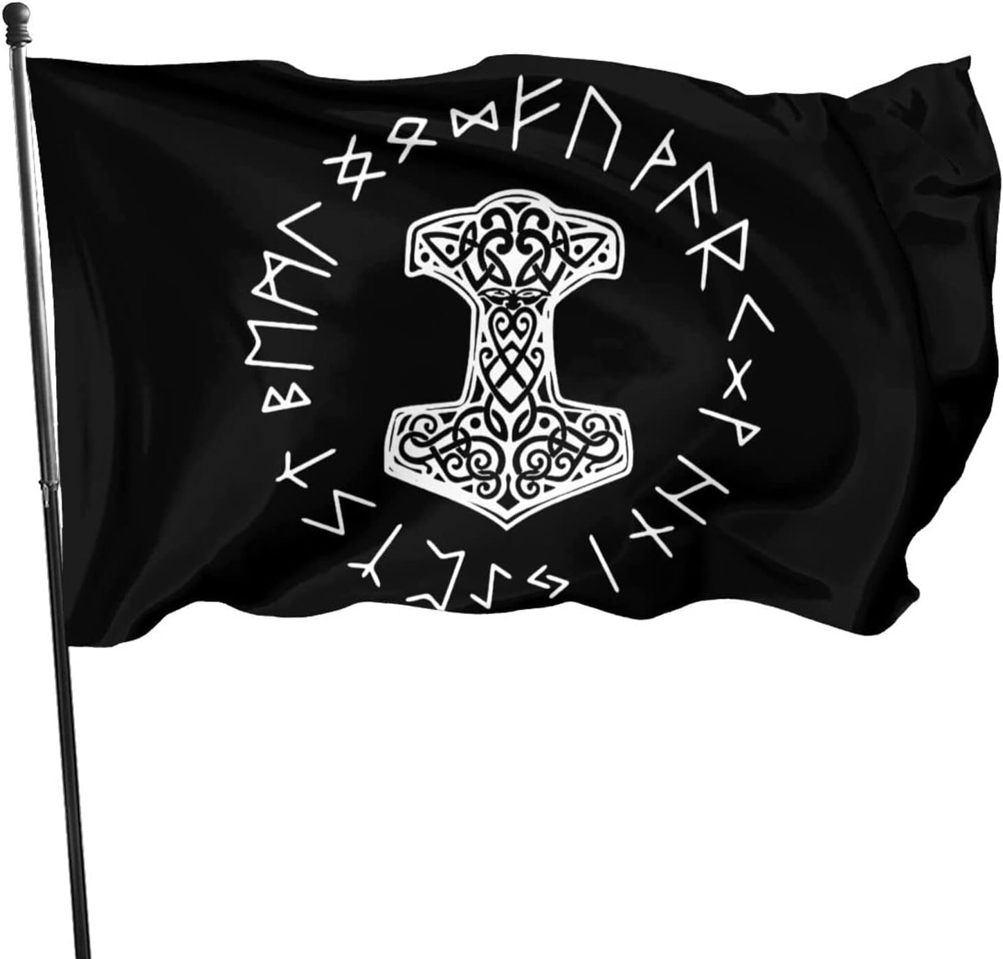 Vikings Mjolnir and Rune Wheel – Bandera nórdica para exteriores e interiores y exteriores, decoración de casa, bandera duradera para jardín
