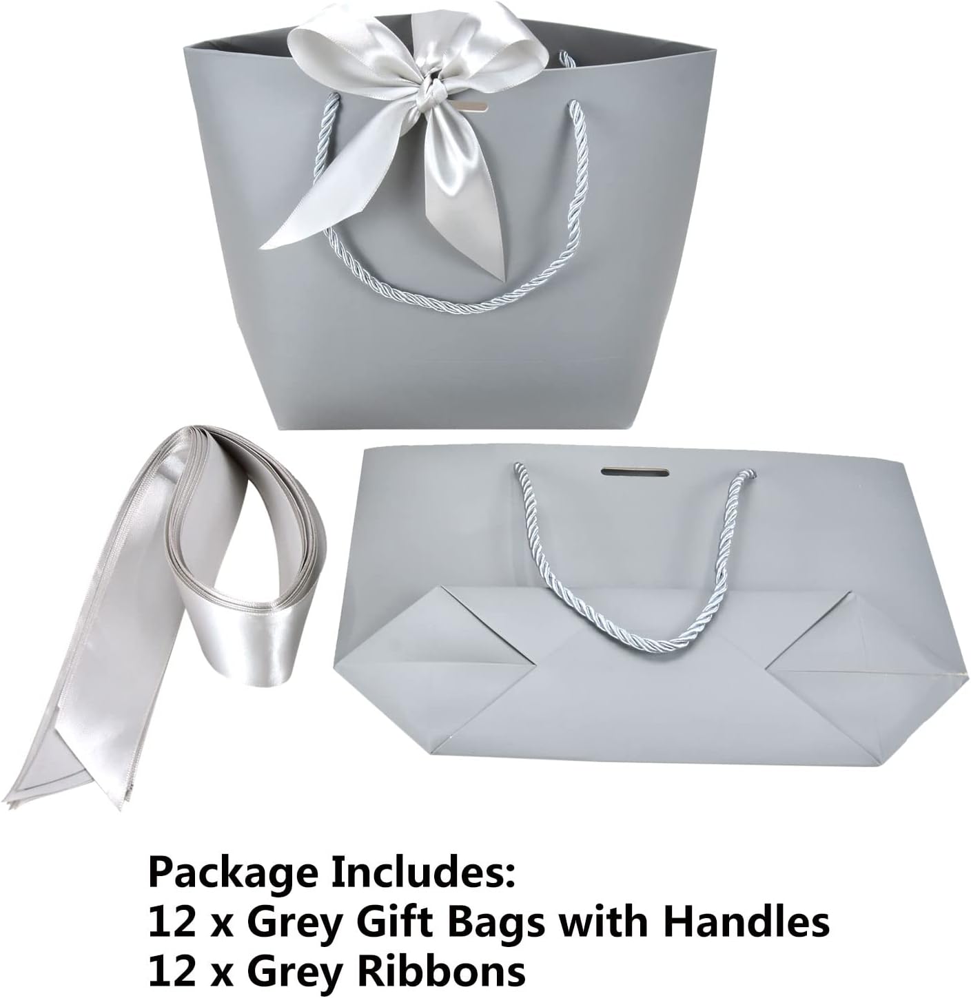 HUAPRINT Bolsas de regalo con asas, bolsas de recuerdo de fiesta con cinta de lazo, 12 bolsas de papel gris para cumpleaños, boda, dama de honor,