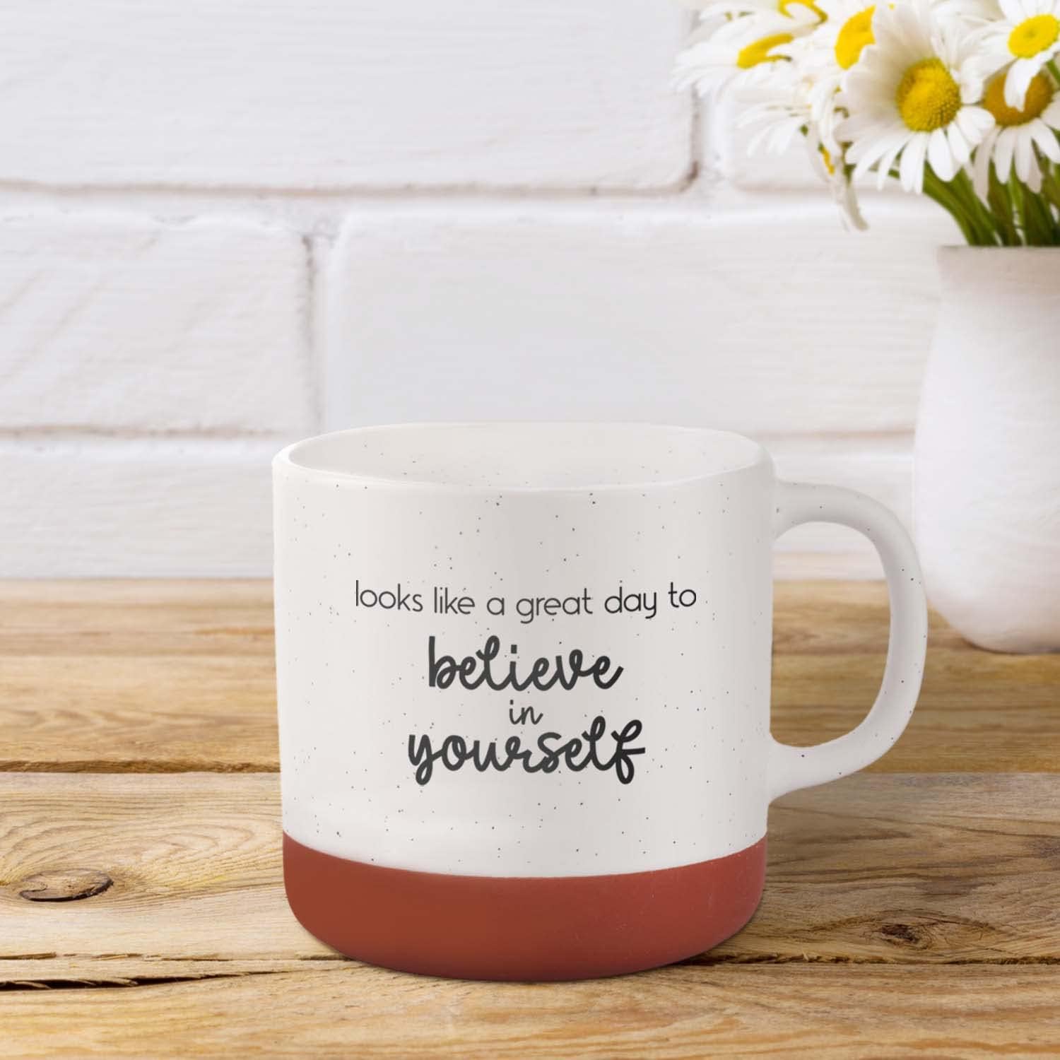 Canopy Street Taza de café de cerámica moteada de 13 onzas con texto en inglés Looks Like A Great Day To Believe In Yourself, taza de café