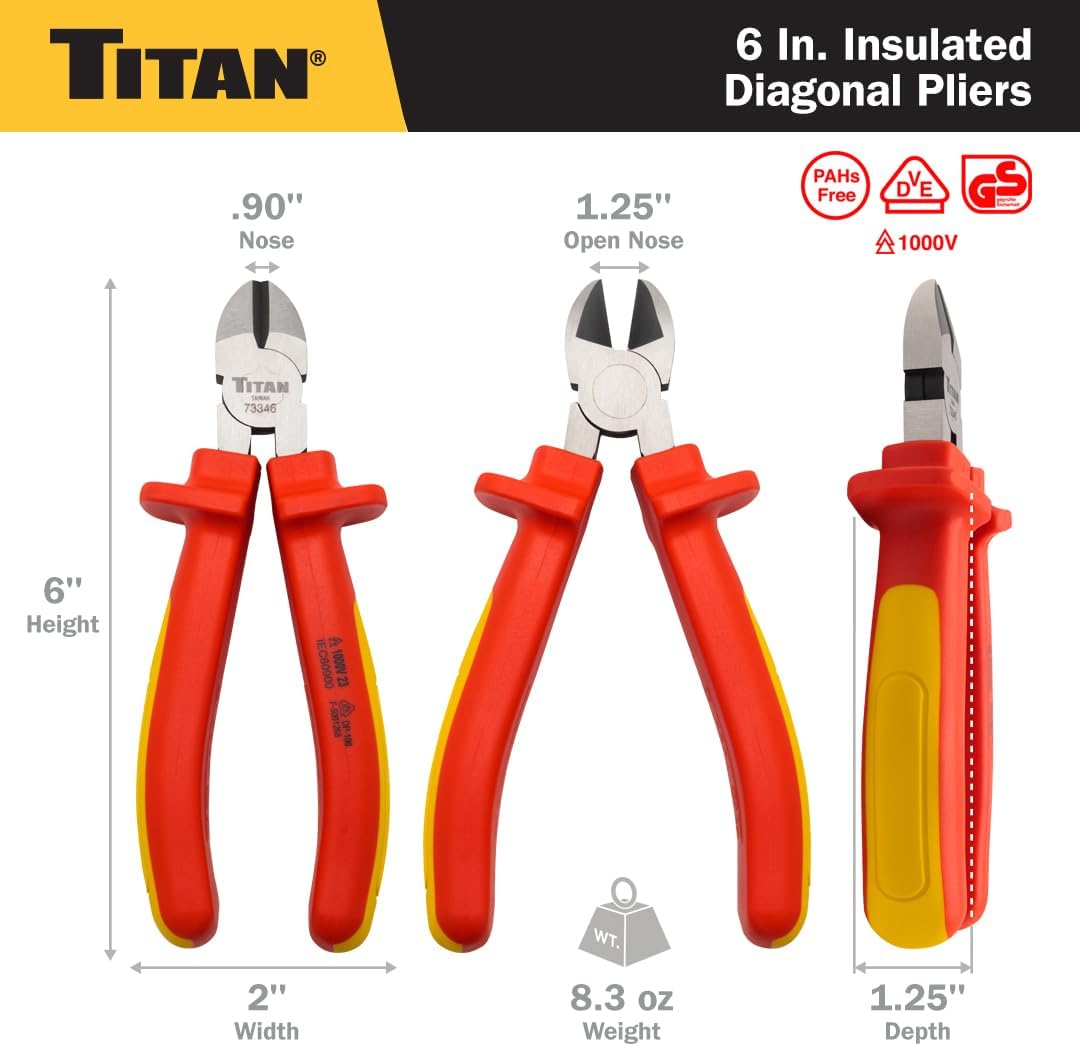 Titan 73346 Alicates diagonales aislados VDE de 6 pulgadas