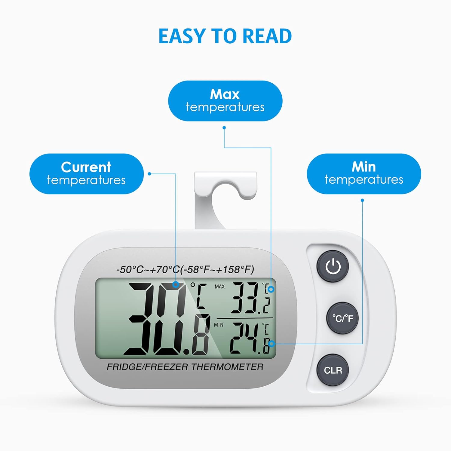 Olipiter Termómetro de refrigerador mejorado, termómetro digital para congelador, termómetro impermeable para refrigerador con gancho, pantalla LCD,