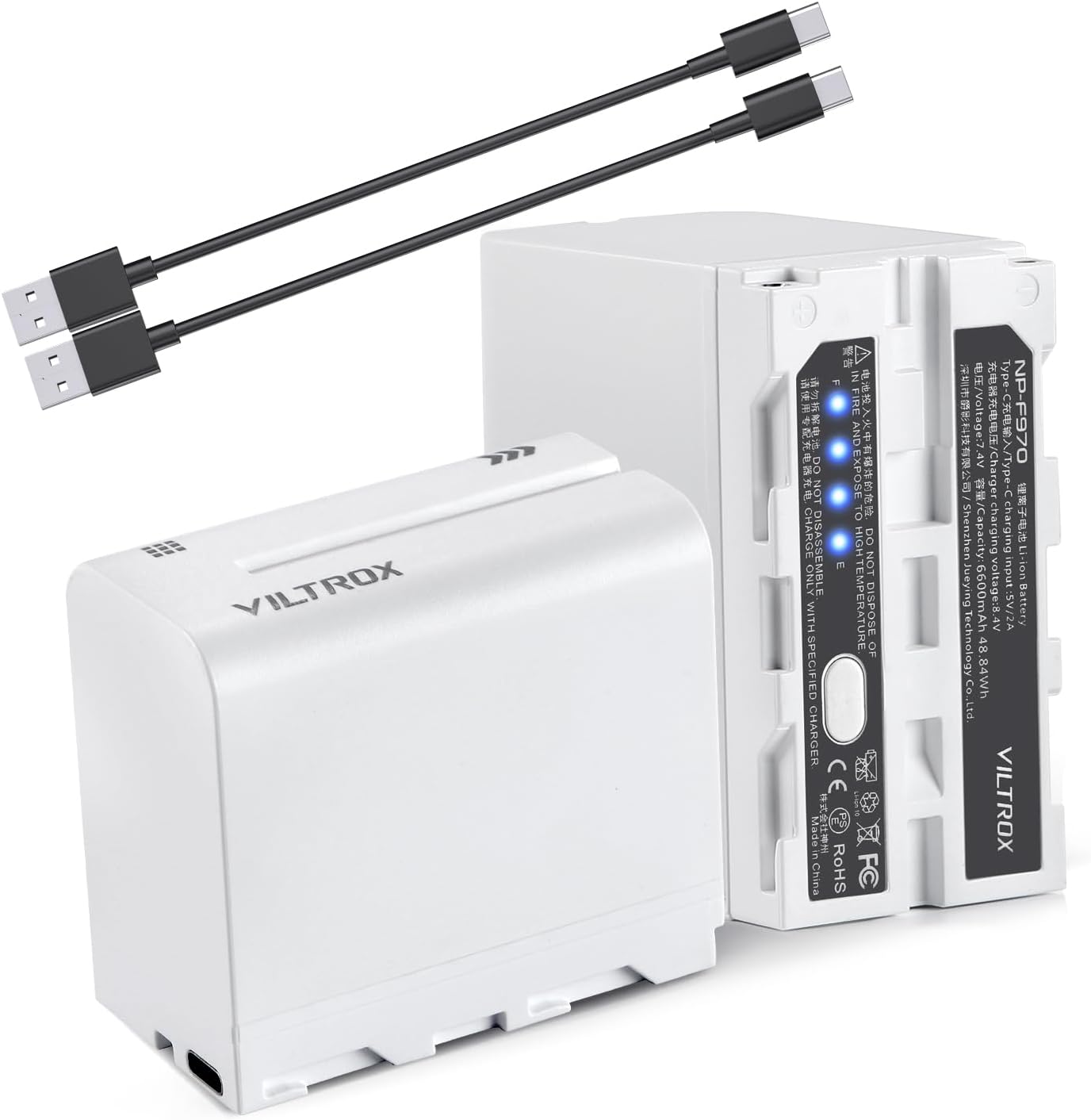 VILTROX Batería NP-F970, 2 paquetes, repuesto para Sony NP-F550 F570 F750 F770 F950 F960 F970, compatible con luz LED, monitor de campo de video,