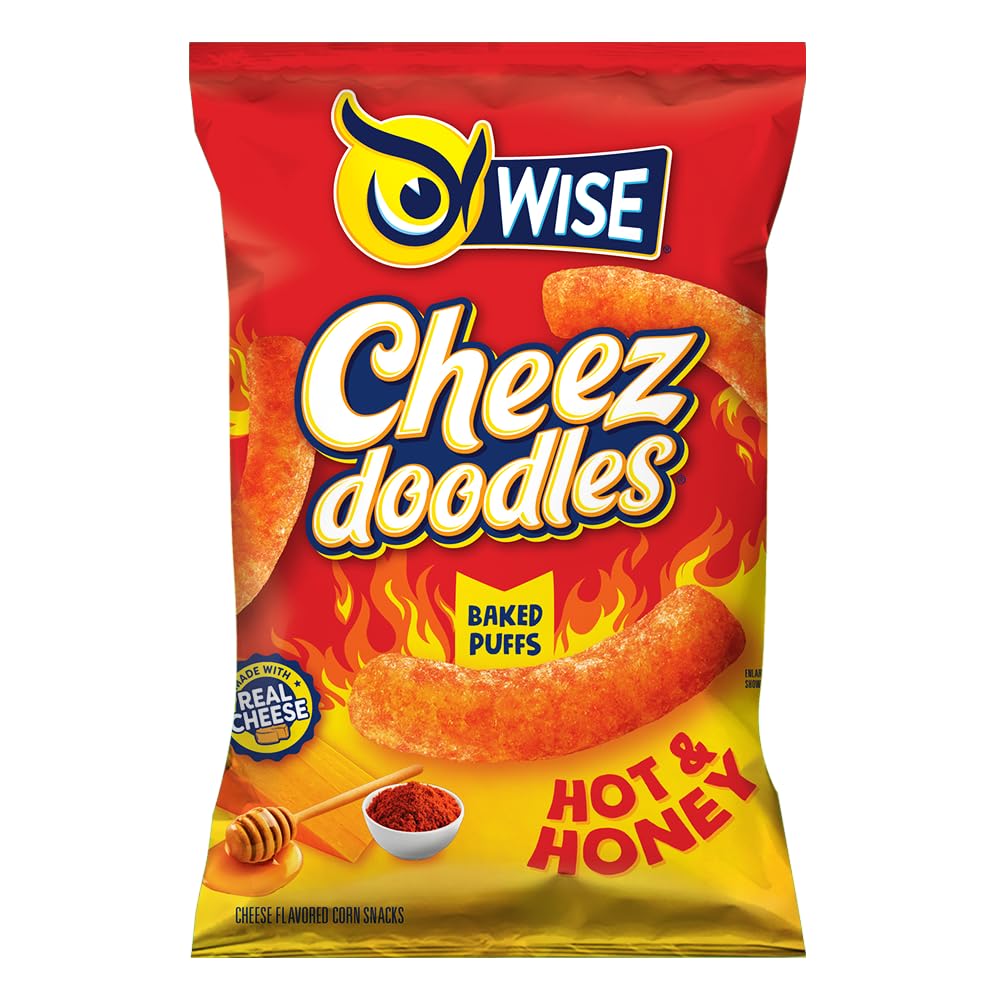 Wise Snacks Cheez Doodles – Bocadillos horneados, calientes y miel, bolsas individuales de tamaño de aperitivos, aperitivos escolares y de Halloween