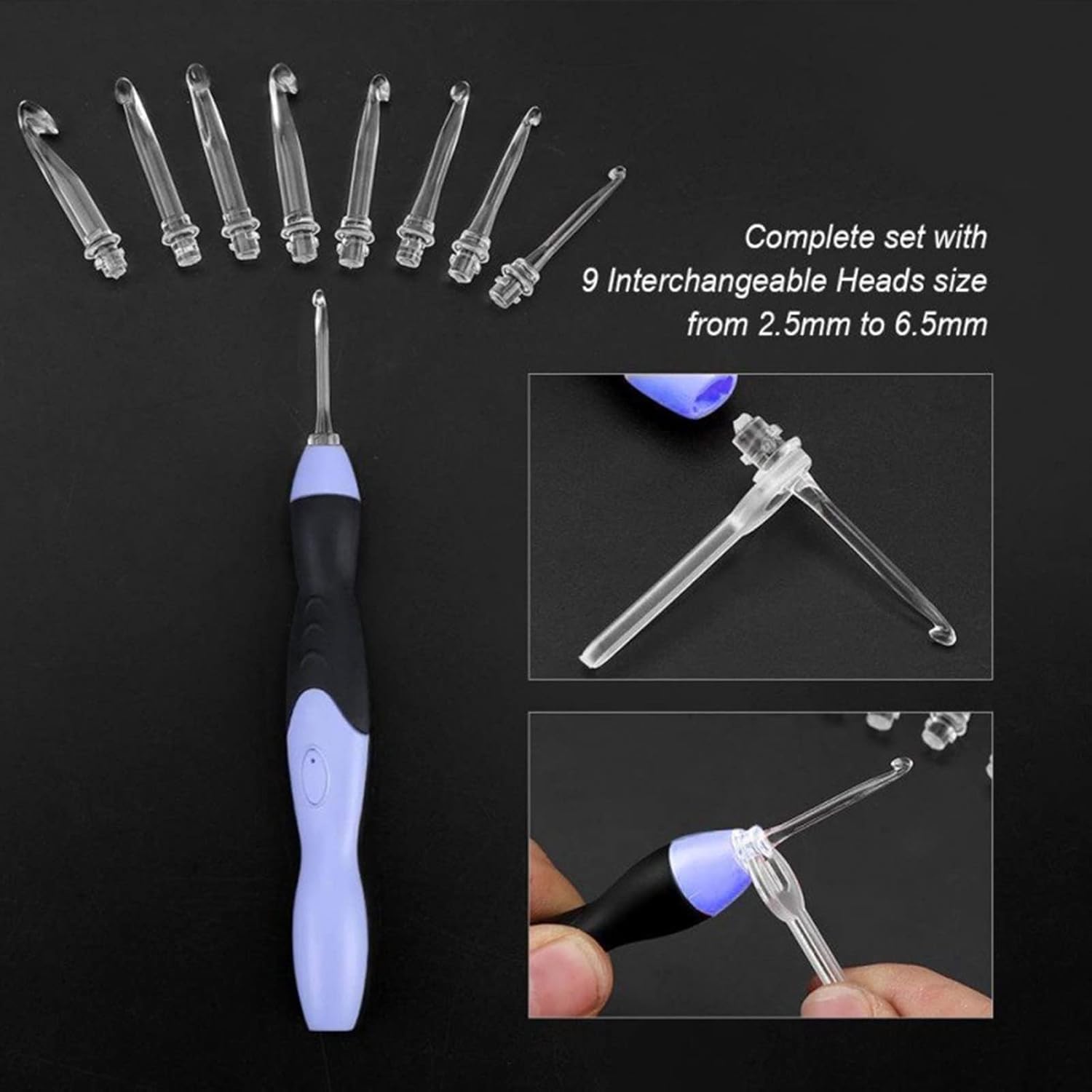 Juego de ganchos de ganchillo de conteo digital, ganchos de ganchillo ergonómicos con luz LED y contador de puntadas digital, kit de tejido para