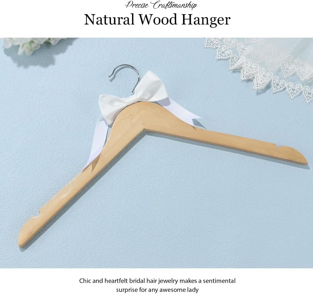 Yean Colgador de boda con nudo de lazo para vestido de novia, color madera natural, colgador de traje grabado para mujer