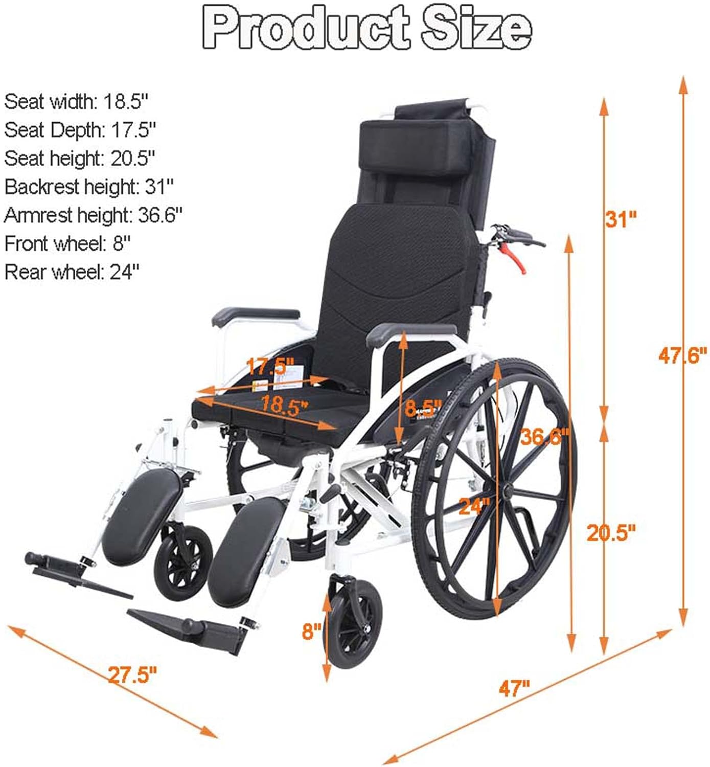 Silla de ruedas reclinable completa para adultos, sillas de ruedas plegables ligeras, respaldo alto y reposacabezas extraíbles, silla de ruedas