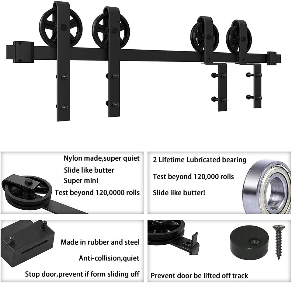 WINSOON Kit de herrajes para puerta corrediza de granero de 5 pies a 10 pies, pista única de 10 pies para puertas dobles, rueda de radios grande,