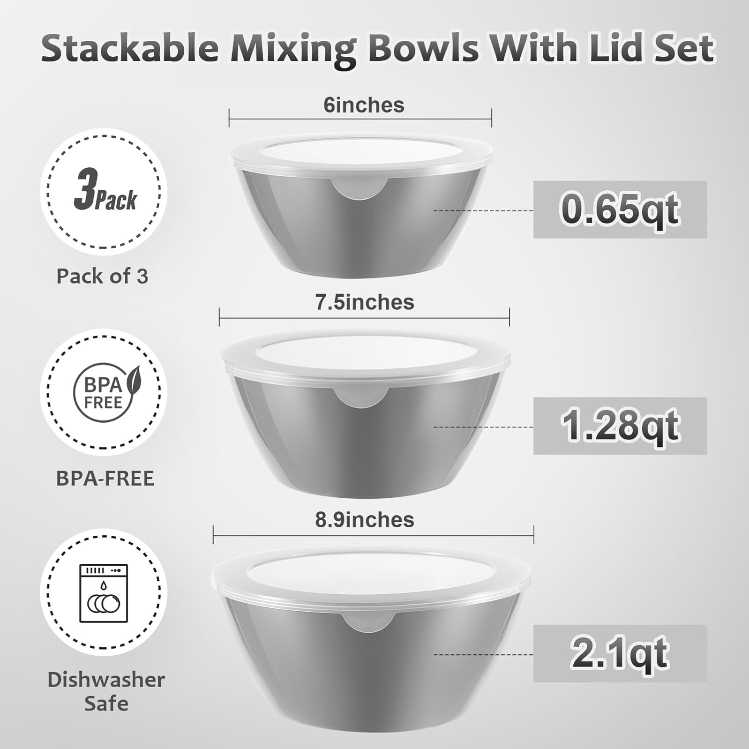 Wehome Tazones para mezclar con tapas, cuencos de plástico para preparar la cocina, servir y almacenar, juego de 3 tazones y 3 tapas, sin BPA y con