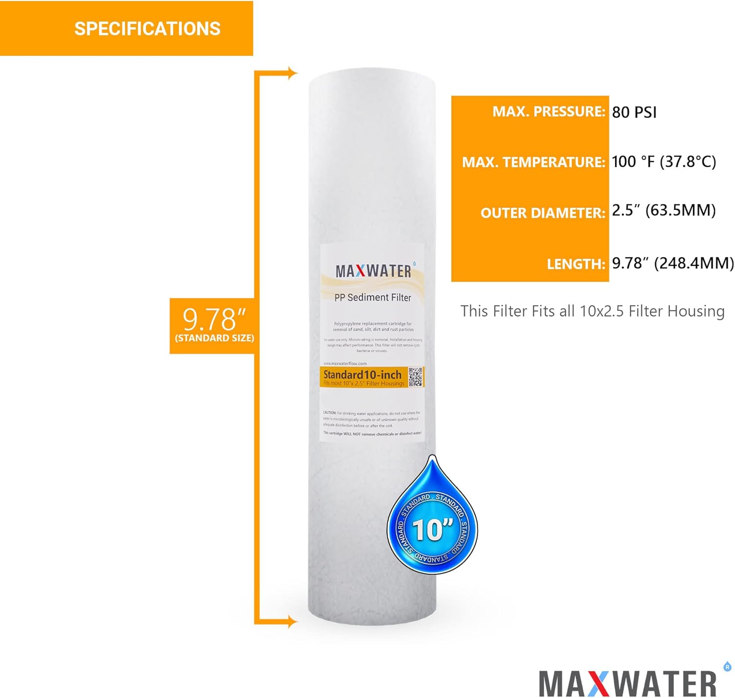 Max Water  Paquete de 18 filtros de agua de sedimentos  10 micras, alta capacidad  2.5 pulgadas x 10 pulgadas  Filtración del sistema de ósmosis